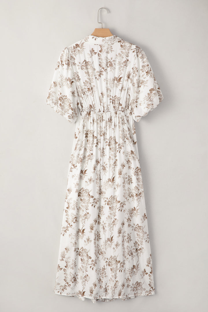 Khaki Floral Puff Sleeve V Neck Buttoned Front Maxi Dress