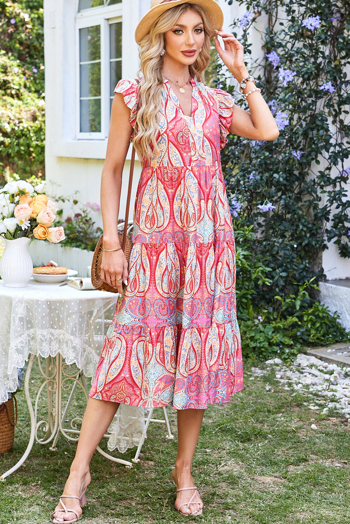 Rose Tribal Paisley Print Ruffled Sleeve Notch Neck Midi Dress - Lulubelles Clothing and Accessories