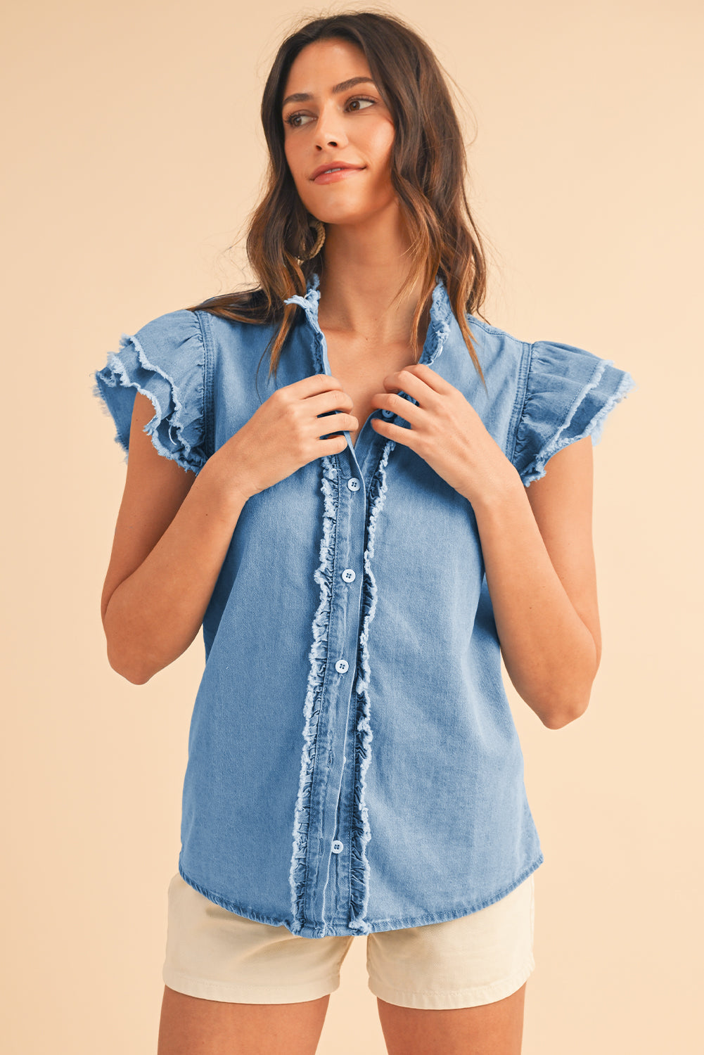 Beau Blue Button Front Ruffled Flutter Frayed Denim Top