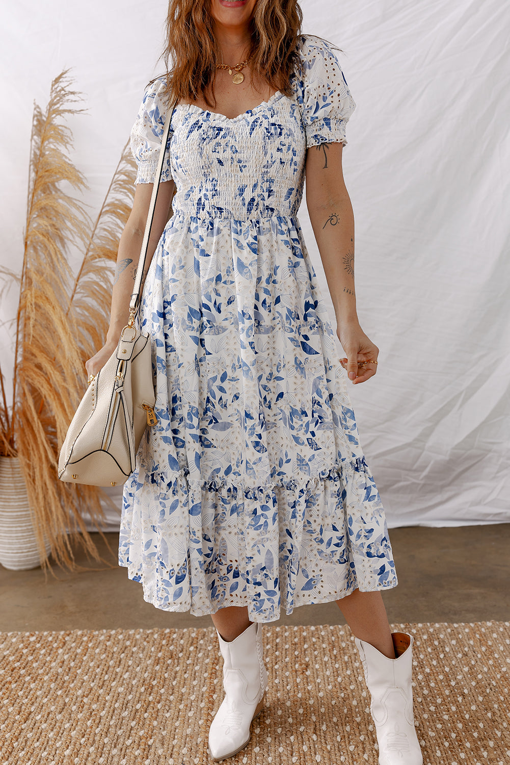 Sky Blue Smocked Bodice Short Puff Sleeve Tiered Floral Midi Dress - Lulubelles Clothing and Accessories
