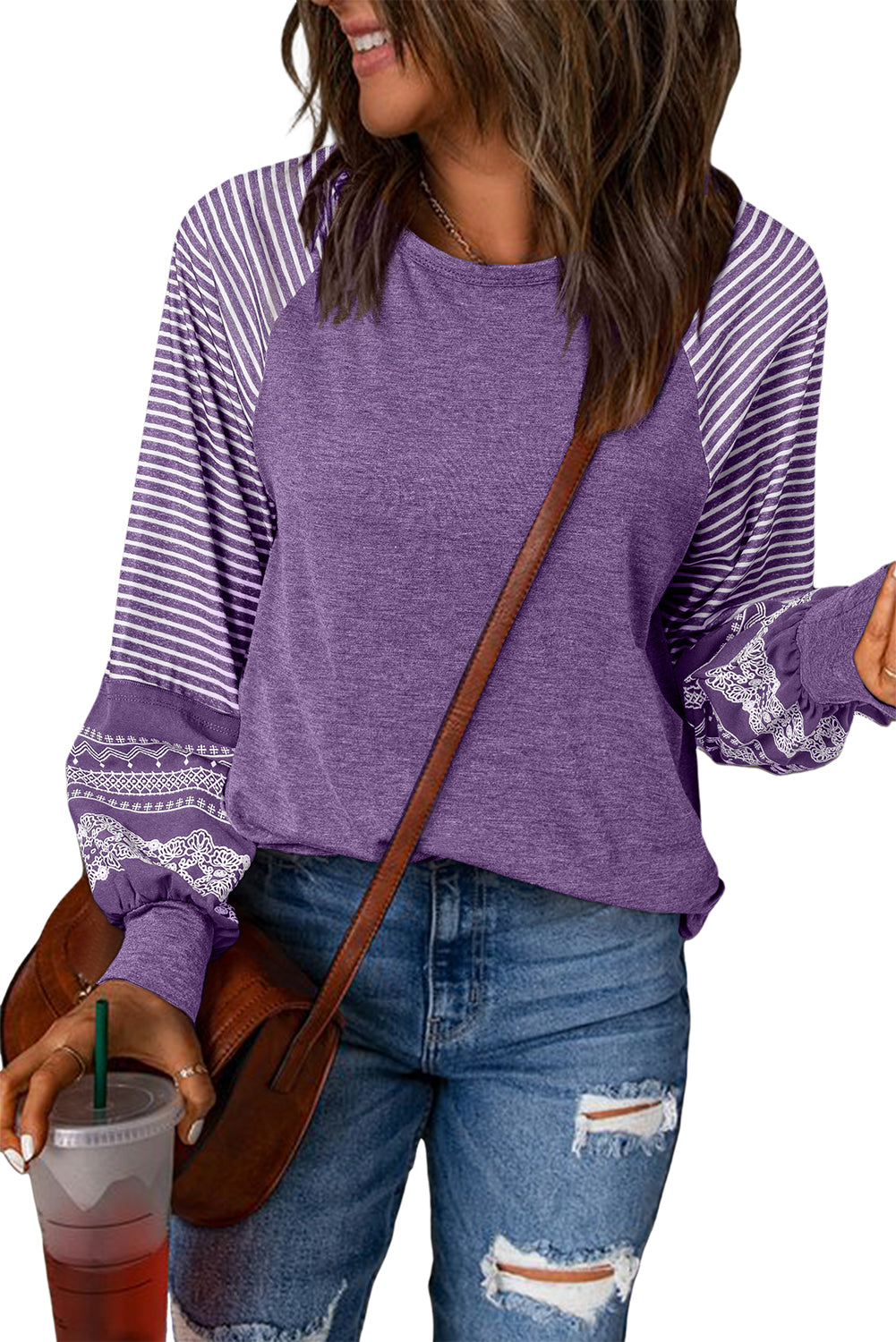 Navy Blue Contrast Print Striped Raglan Long Sleeve Loose Top