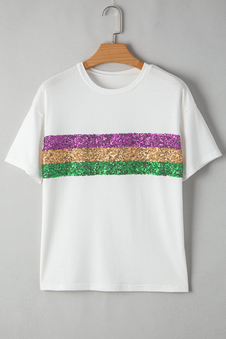 Black Colorblock Sequin Mardi Gras Crewneck T Shirt