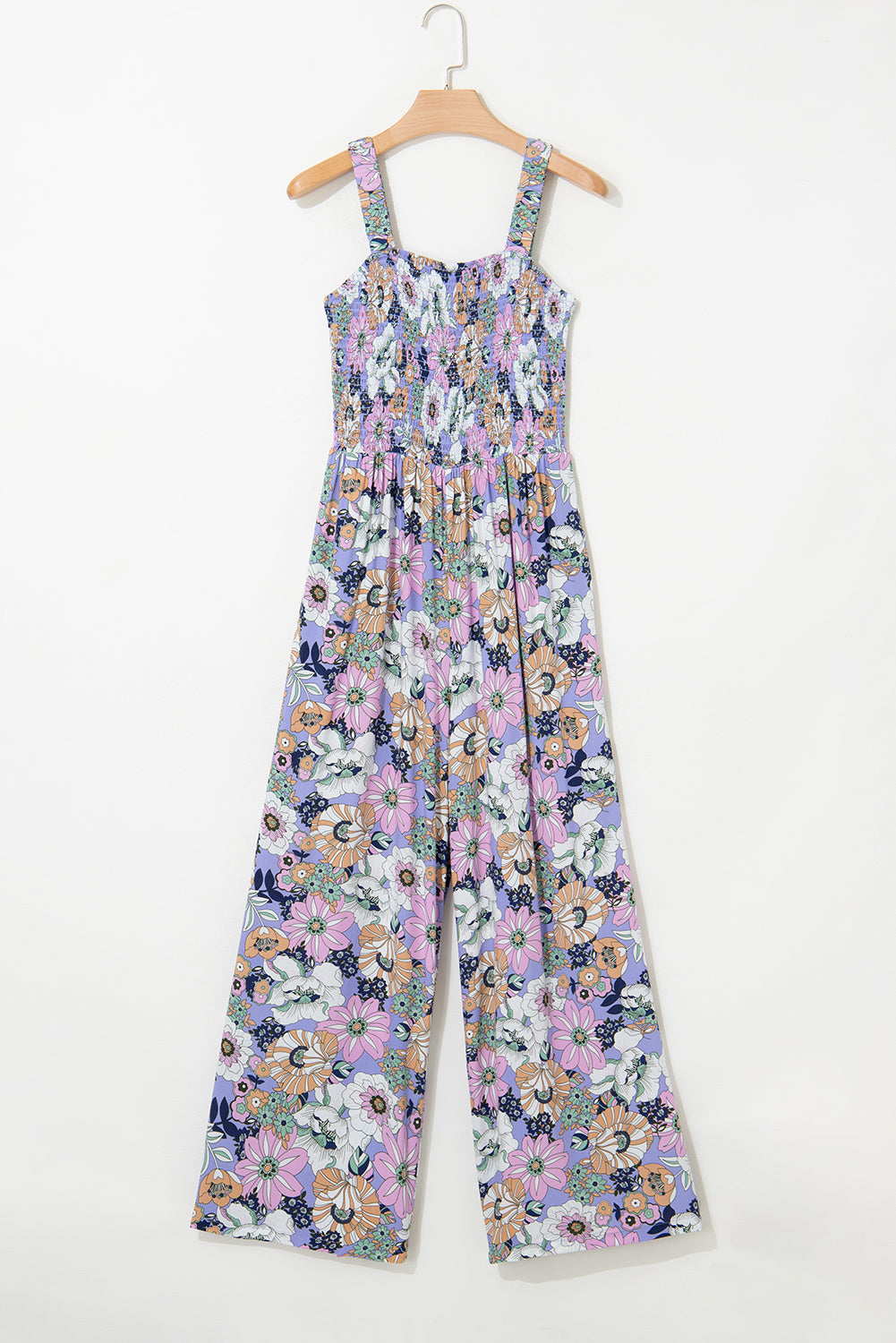 Purple Floral Print Smocked High Waist Square Neck Jumpsuit - Lulubelles Clothing and Accessories