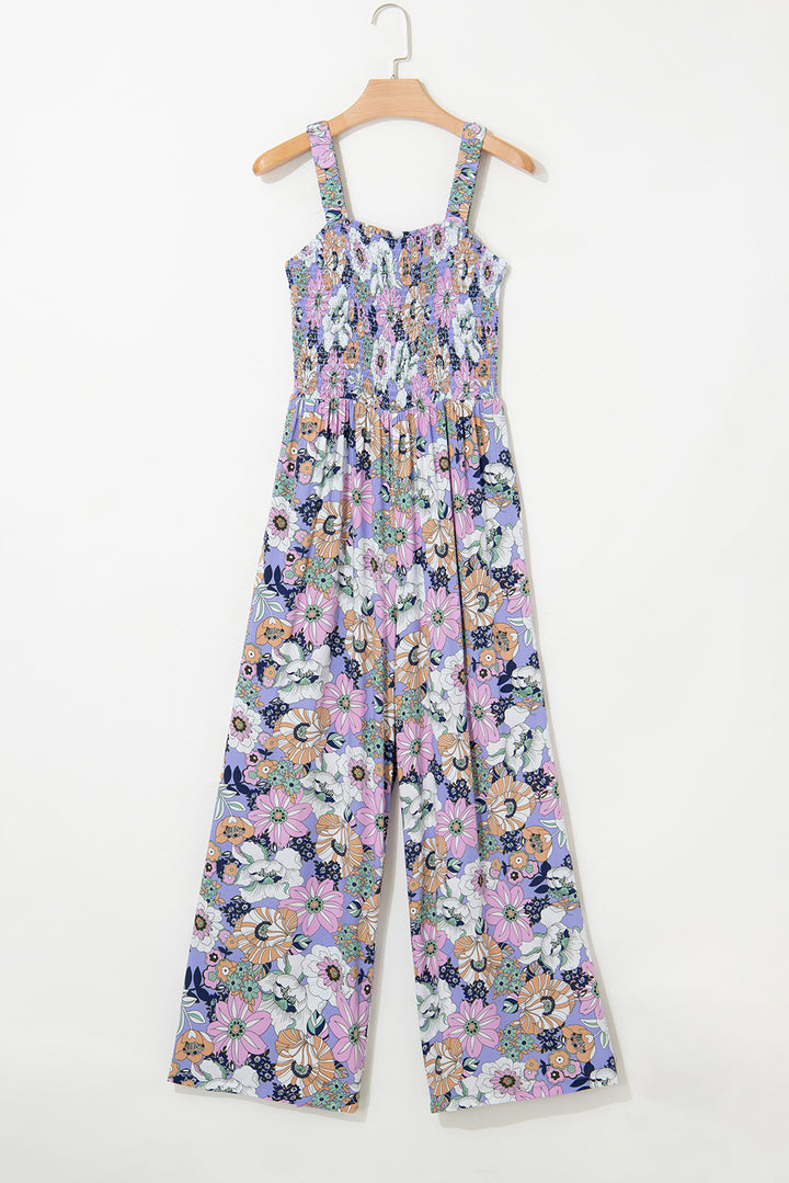 Purple Floral Print Smocked High Waist Square Neck Jumpsuit - Lulubelles Clothing and Accessories
