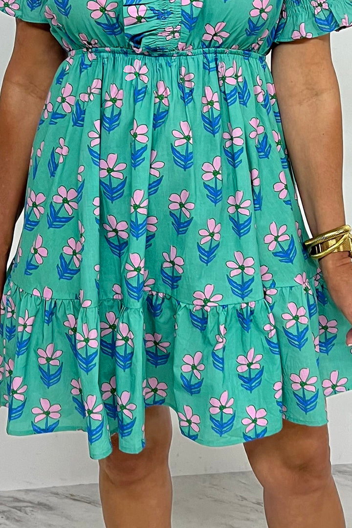 Green Floral Print Frilly Smocked Detail High Waist Mini Dress - Lulubelles Clothing and Accessories