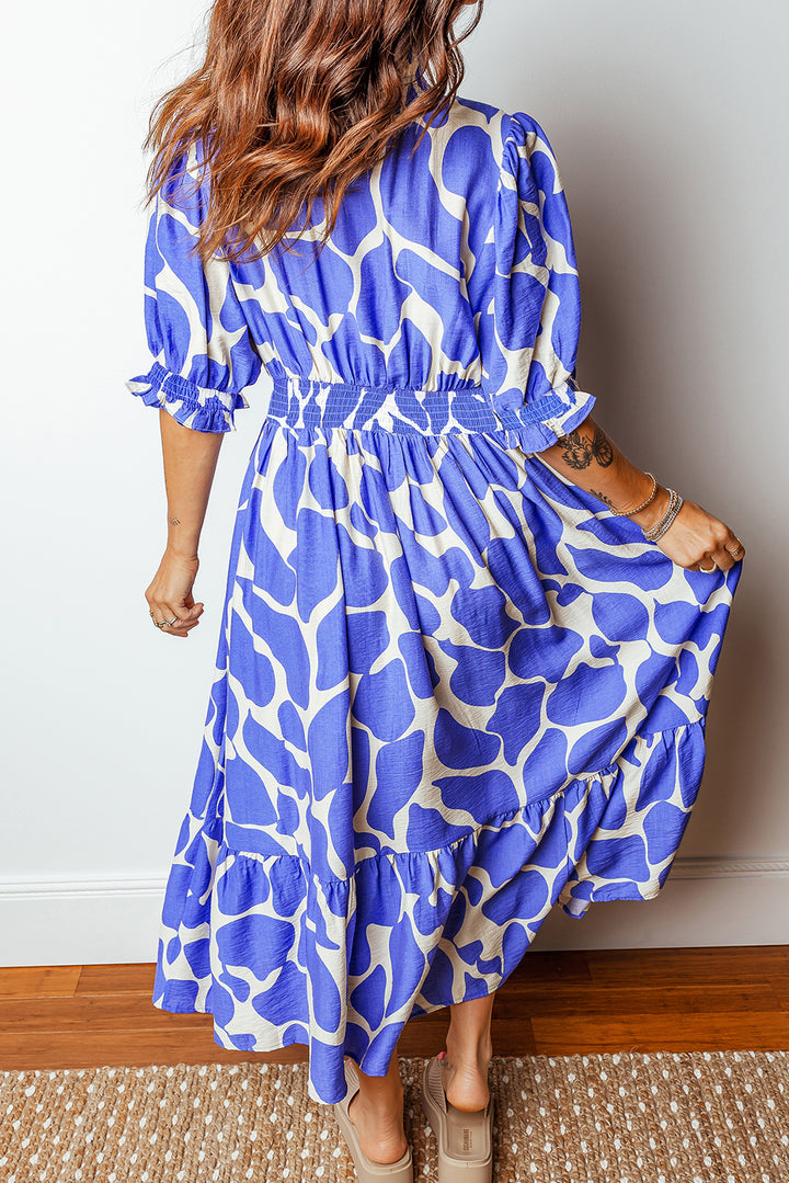 Sky Blue Abstract Print Smocked Waist Puff Half Sleeve Maxi Dress - Lulubelles Clothing and Accessories