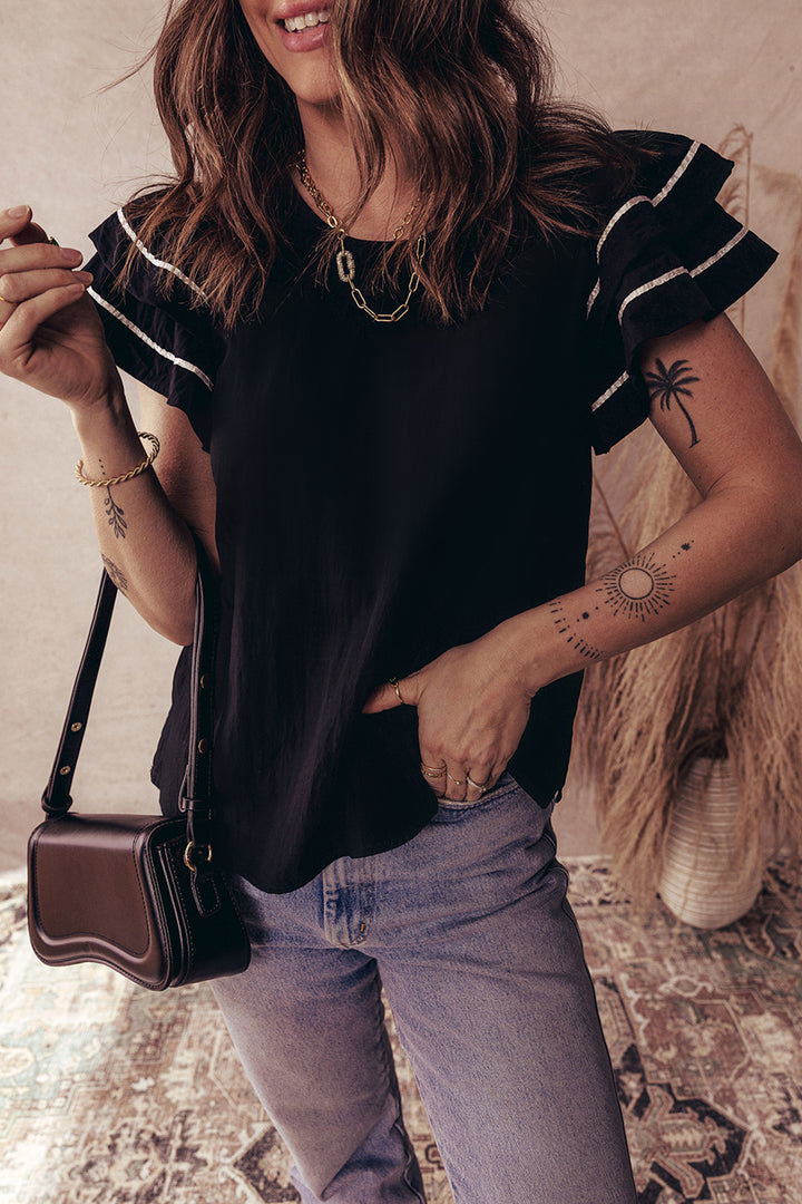 Black Contrast Trim Dual Ruffle Short Sleeve Textured Blouse - Lulubelles Clothing and Accessories