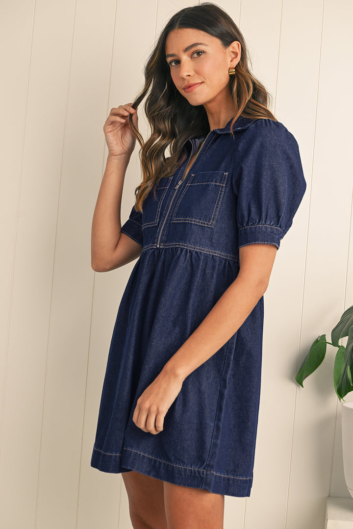 Dirty Blue Puff Sleeve Half Zipper Denim Flowy Dress