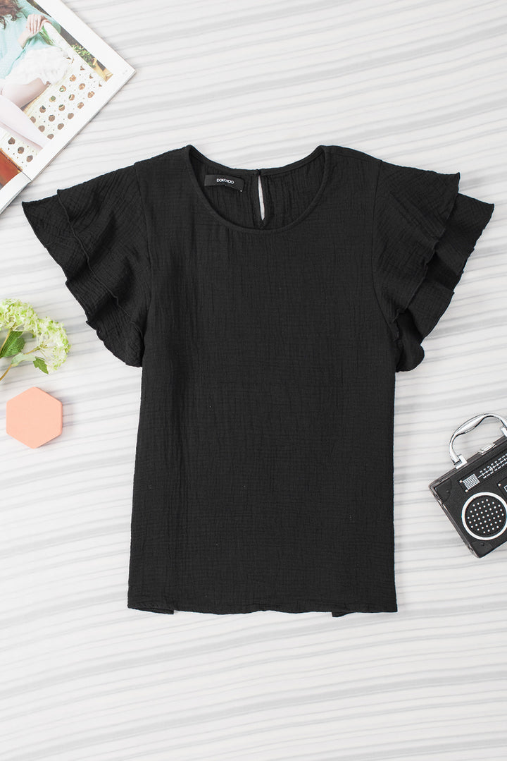 Black Crinkled Cotton Gauze Ruffle Sleeve Blouse
