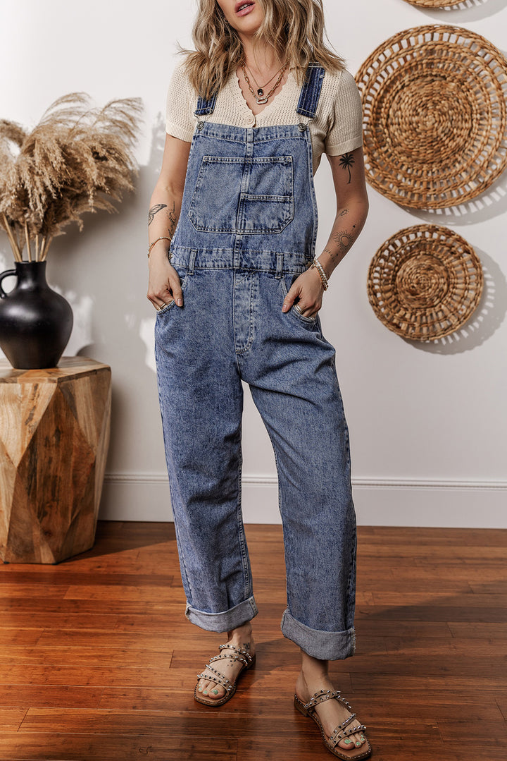 Sail Blue Denim Bib Straight Leg Jumpsuit with Pockets - Lulubelles Clothing and Accessories