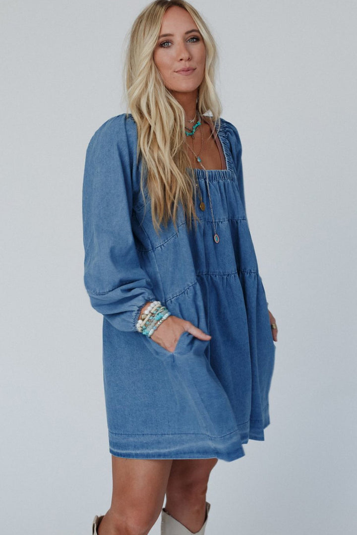 Dusk Blue Side Pockets Loose Fit Denim Mini Dress