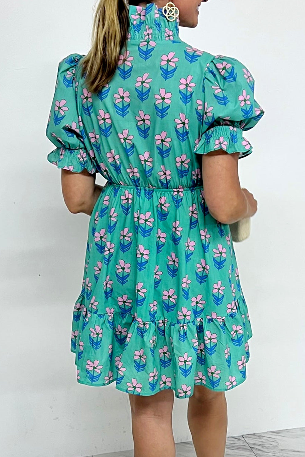 Green Floral Print Frilly Smocked Detail High Waist Mini Dress - Lulubelles Clothing and Accessories