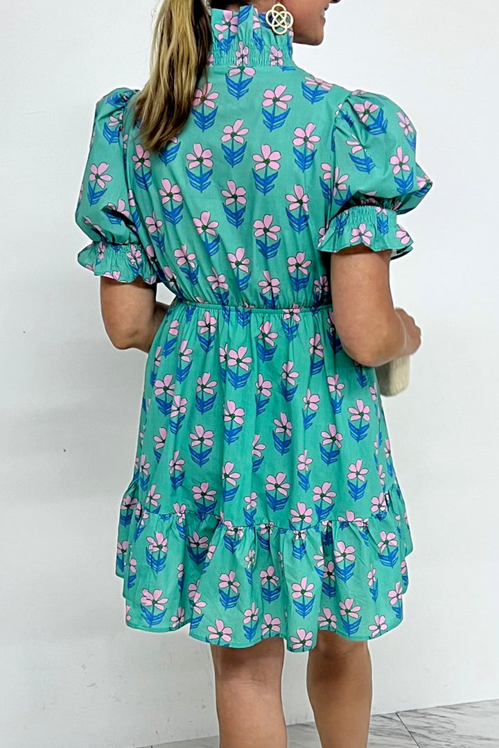 Green Floral Print Frilly Smocked Detail High Waist Mini Dress - Lulubelles Clothing and Accessories
