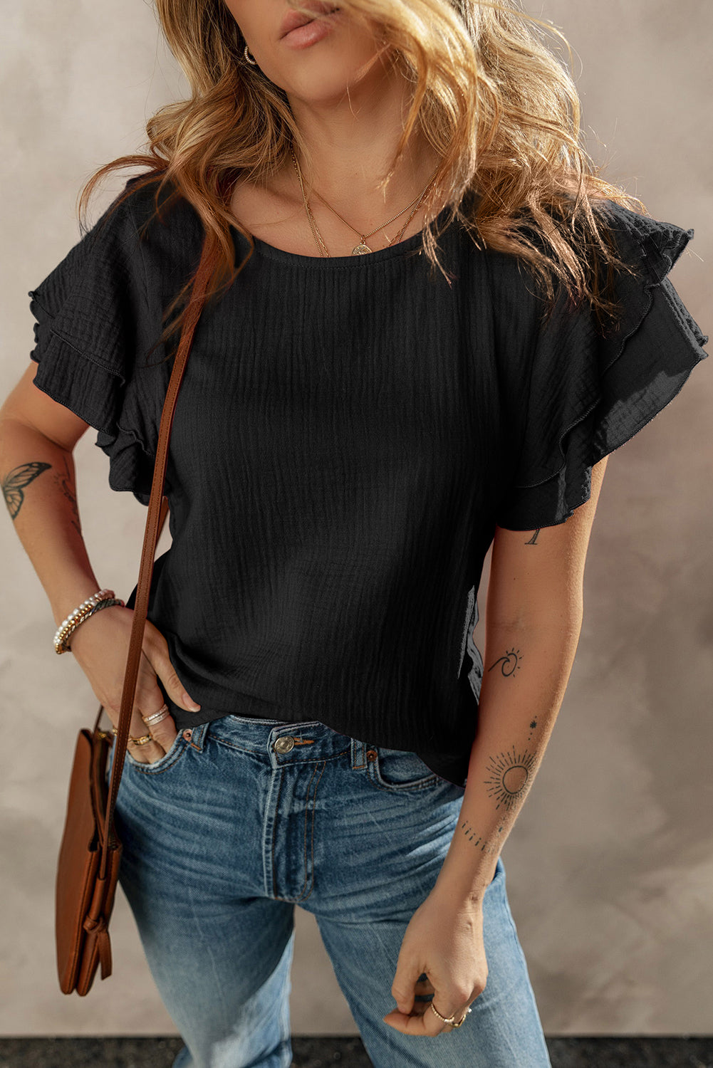 Black Crinkled Cotton Gauze Ruffle Sleeve Blouse