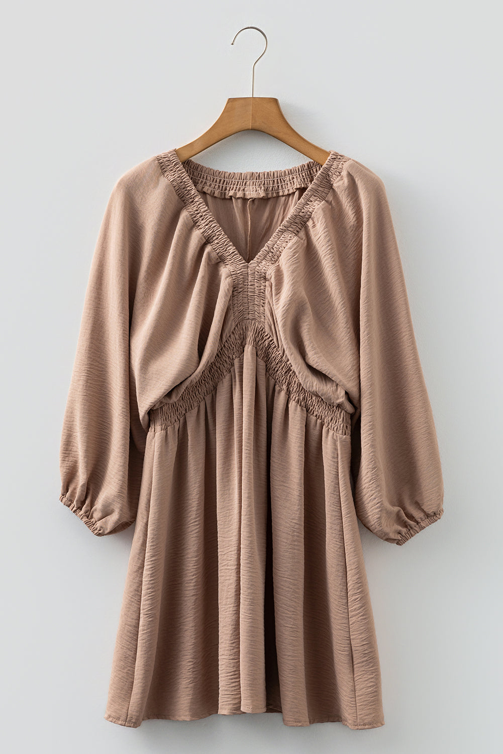 Smoke Gray Deep V Neck Bubble Sleeve Smocked Mini Dress - Lulubelles Clothing and Accessories