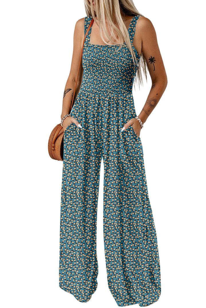 Purple Floral Square Neckline Stretch High Waist Jumpsuit