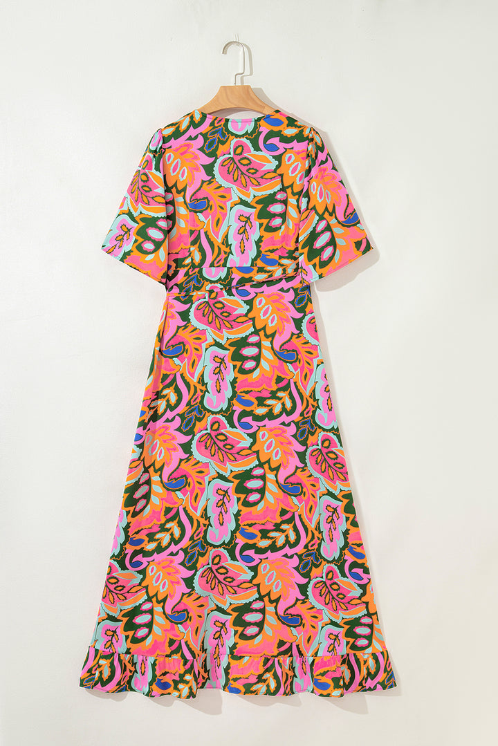 Rose Summer Plant Print Surpliced V Neck Ruffled Asymmetric Slit Wide Short Sleeve Maxi Dress - Lulubelles Clothing and Accessories