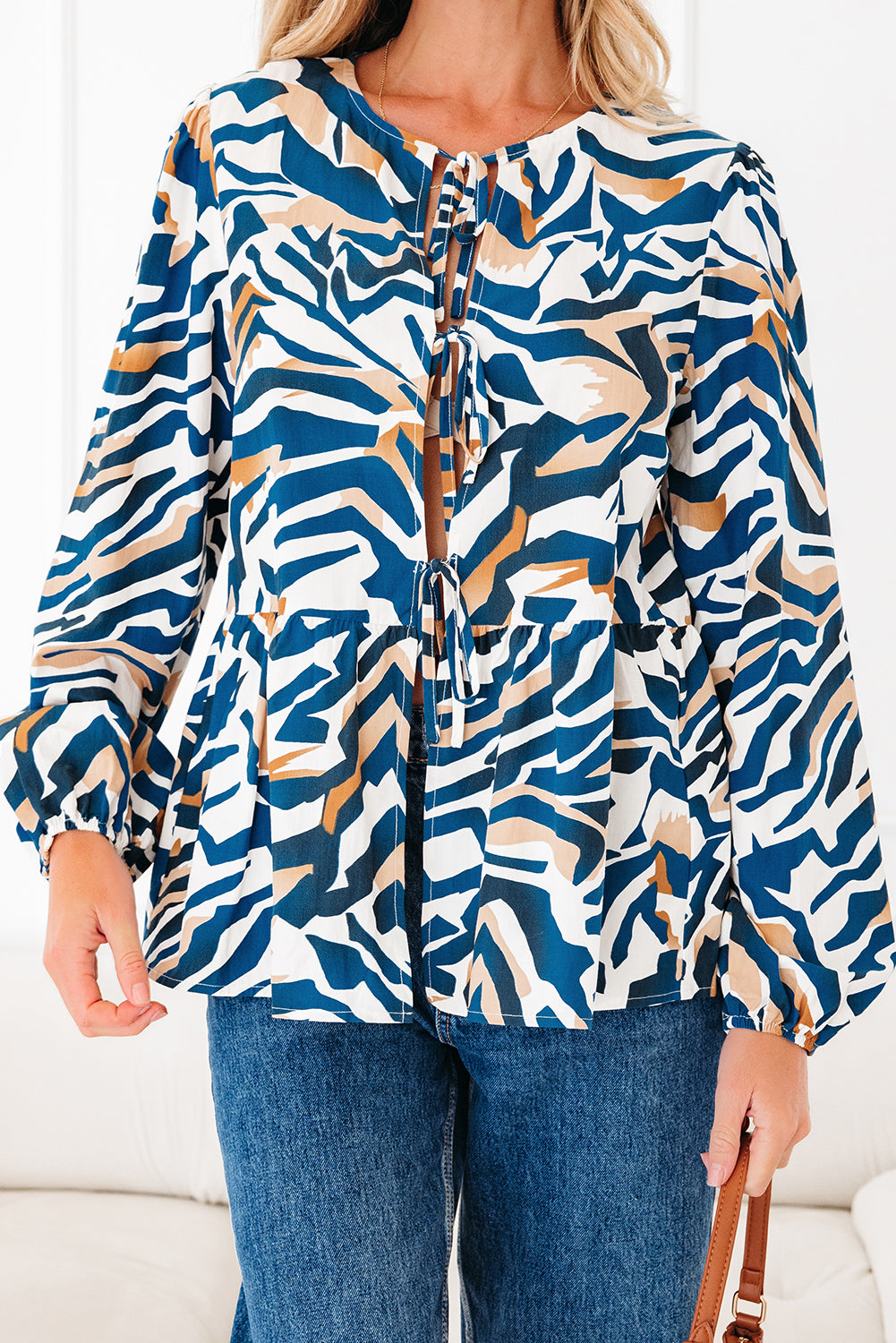 Blue Zebra Print Tied Front Puff Sleeve Top - Lulubelles Clothing and Accessories