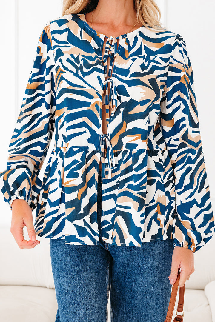 Blue Zebra Print Tied Front Puff Sleeve Top - Lulubelles Clothing and Accessories