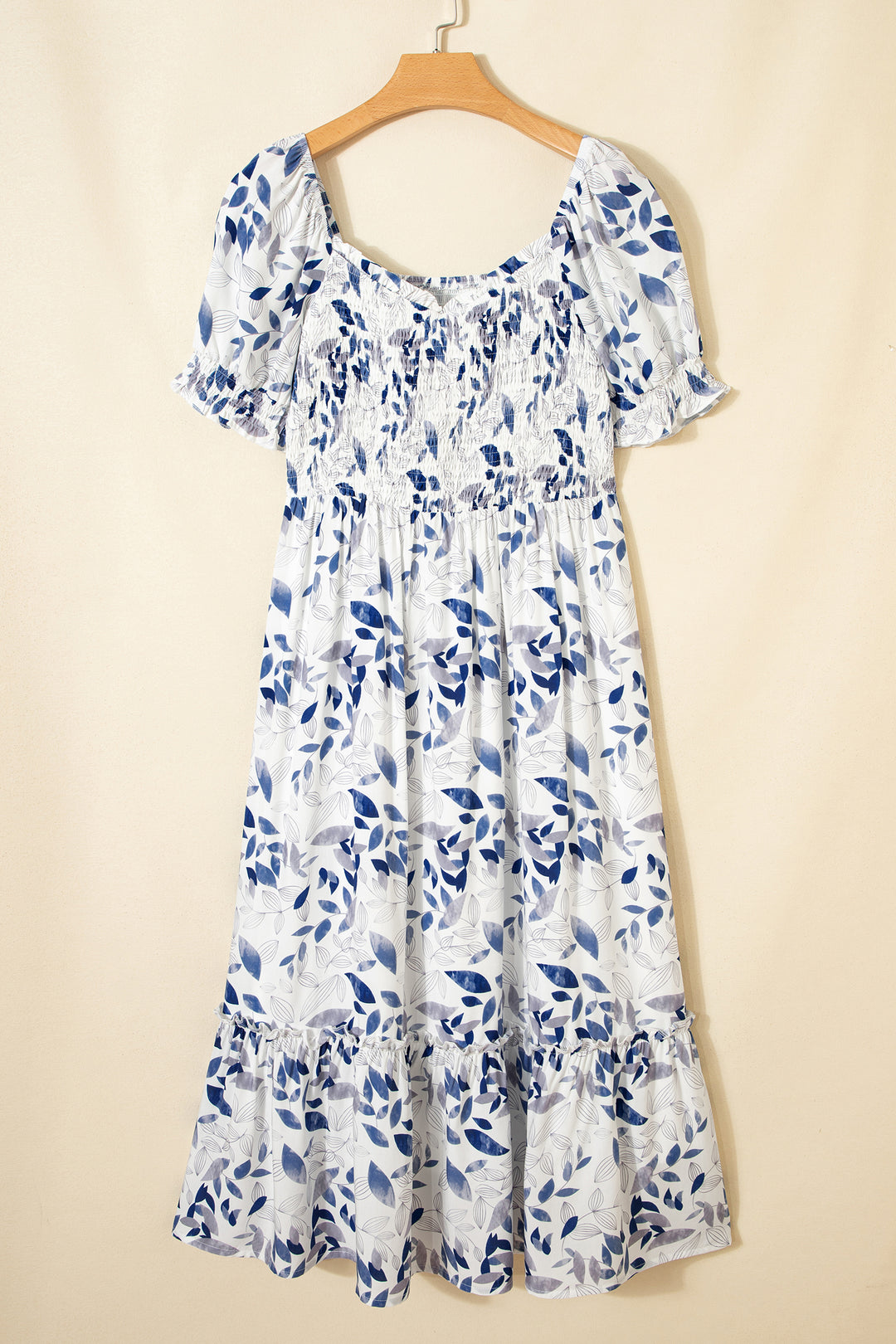 Sky Blue Smocked Bodice Short Puff Sleeve Tiered Floral Midi Dress - Lulubelles Clothing and Accessories