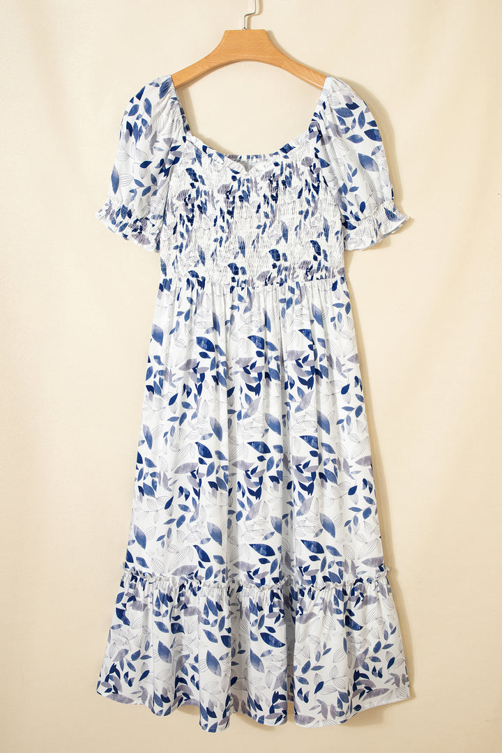 Sky Blue Smocked Bodice Short Puff Sleeve Tiered Floral Midi Dress - Lulubelles Clothing and Accessories