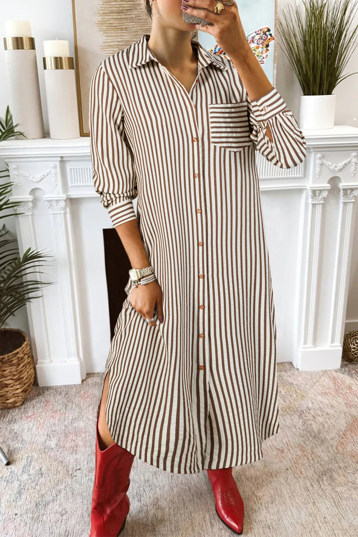 Brown Stripe Textured 3/4 Sleeve Round Hem Split Midi Shirt Dress - Lulubelles Clothing and Accessories