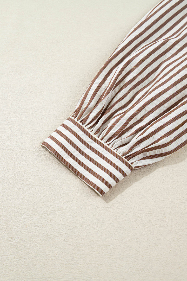 Brown Stripe Knot Waist Puff Sleeve Button Down Mini Shirt Dress - Lulubelles Clothing and Accessories