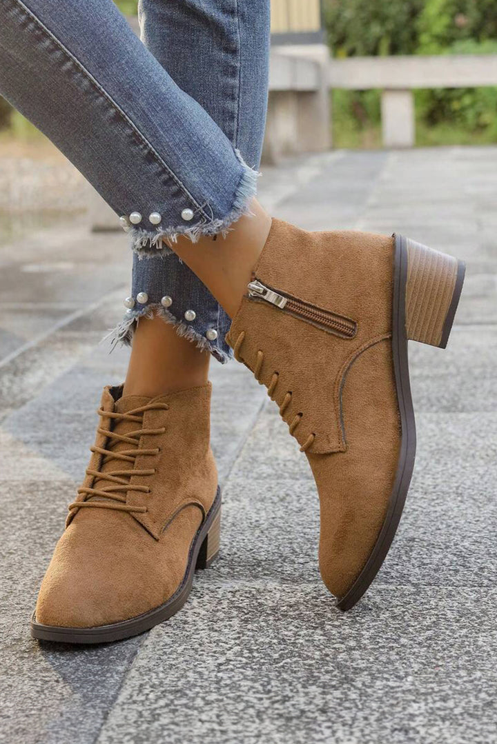 Chestnut Suede Zip Side Lace Up Ankle Boots