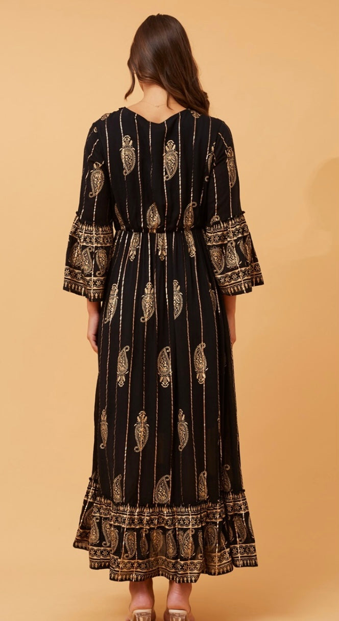 Alia Long Black and Gold Maxi Dress