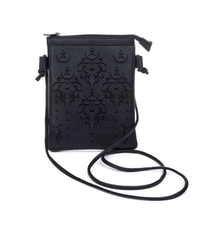 Black motif Engraved vertical clutch shoulder Bag with strap