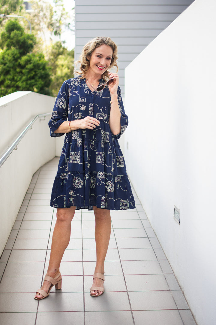 Andrea Navy Embroidered Resort Dress, Full front view