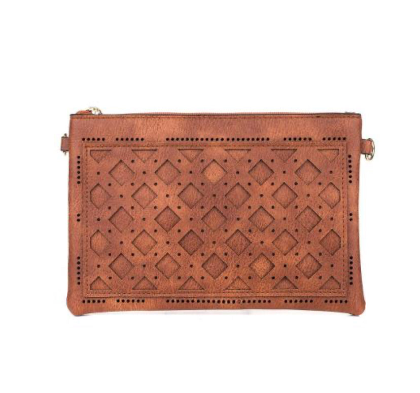 Caramel motif Engraved horizontal clutch shoulder Bag with strap