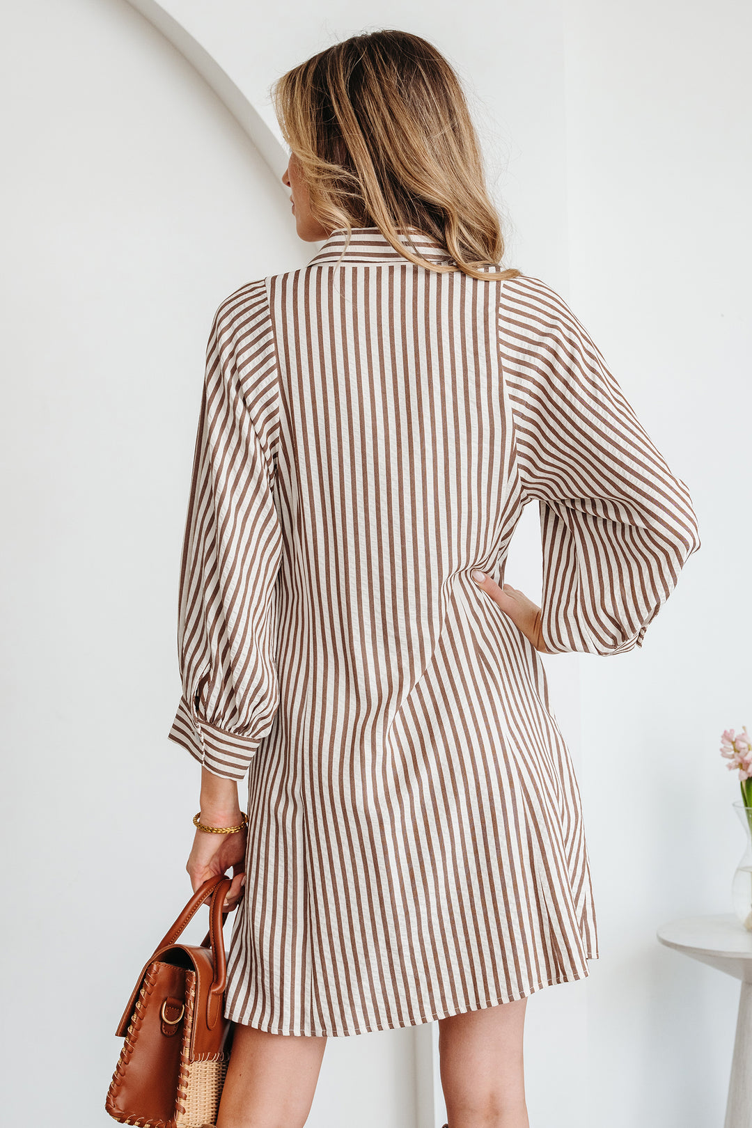 Brown Stripe Knot Waist Puff Sleeve Button Down Mini Shirt Dress - Lulubelles Clothing and Accessories
