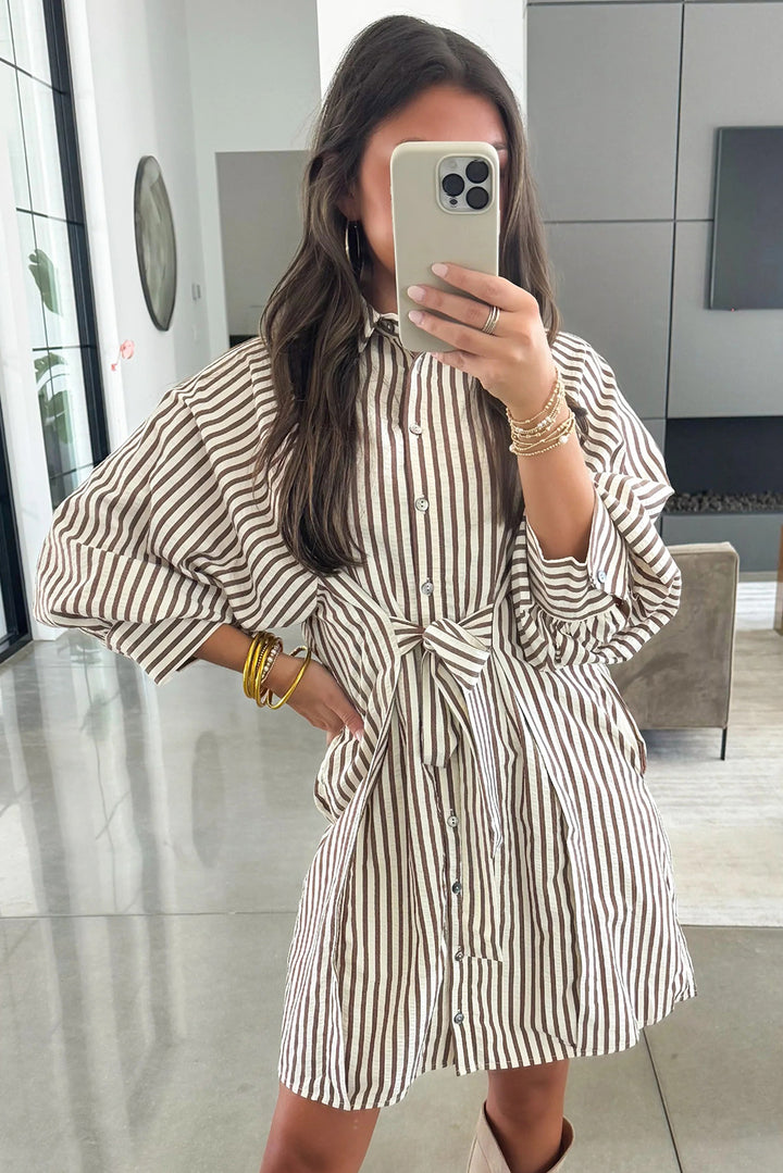 Brown Stripe Knot Waist Puff Sleeve Button Down Mini Shirt Dress - Lulubelles Clothing and Accessories