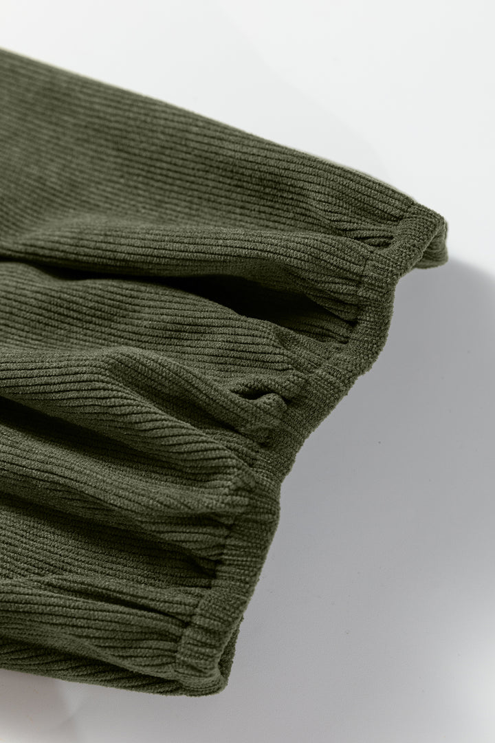 Moss Green Bracelet Sleeve Split Neck Scallop Detail Pleated Corduroy Mini Dress - Lulubelles Clothing and Accessories