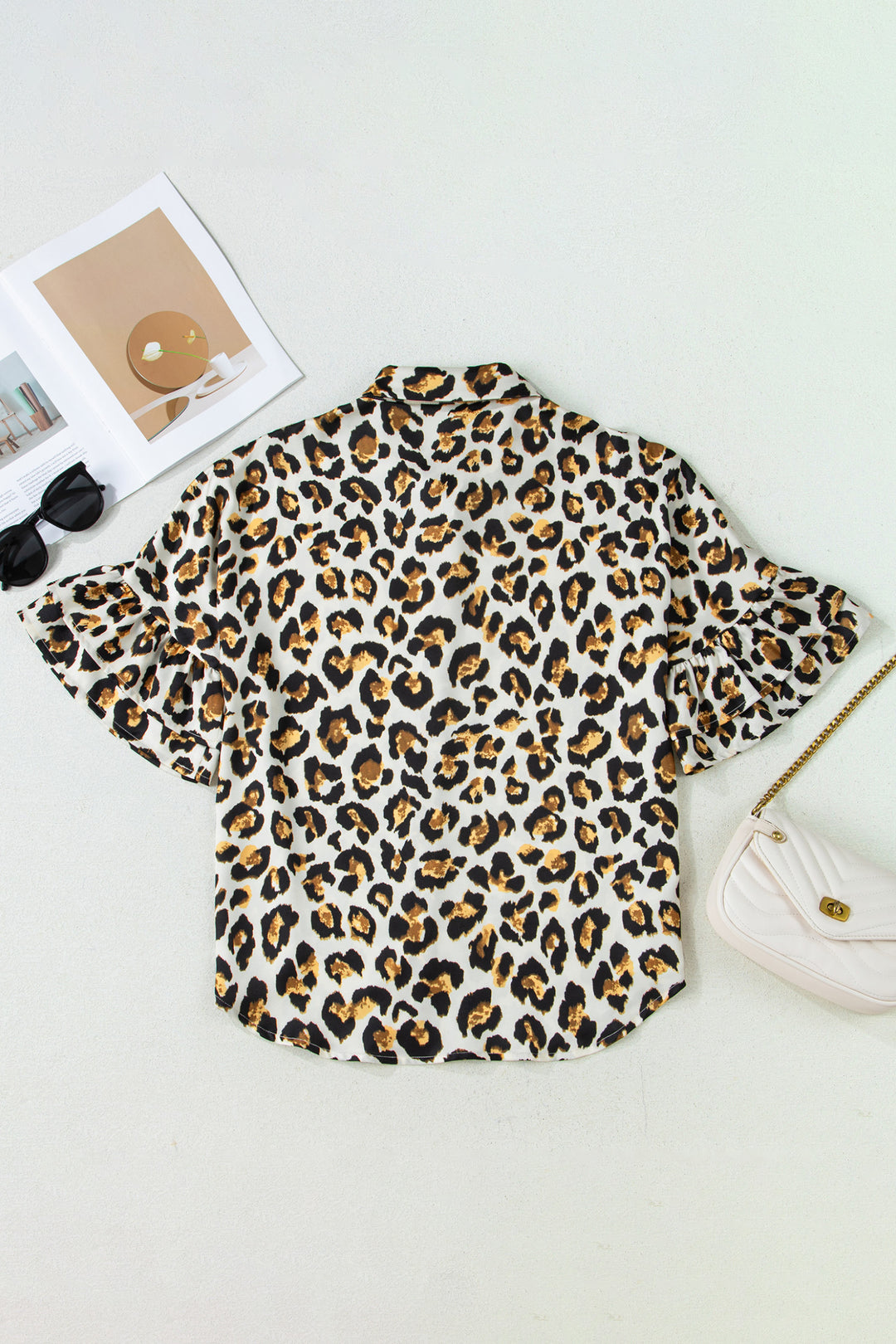 Khaki Leopard Print Ruffle Trim 3/4 Sleeve Loose Shirt - Lulubelles Clothing and Accessories