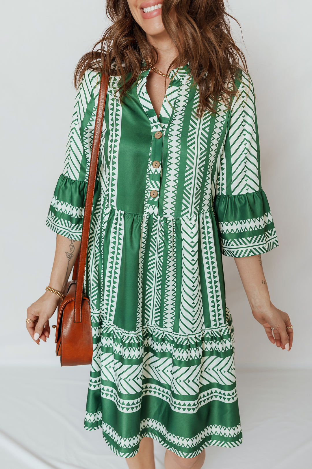 Green Boho Ethnic Print Half Button 3/4 Sleeve Casual Dress - Lulubelles Clothing and Accessories