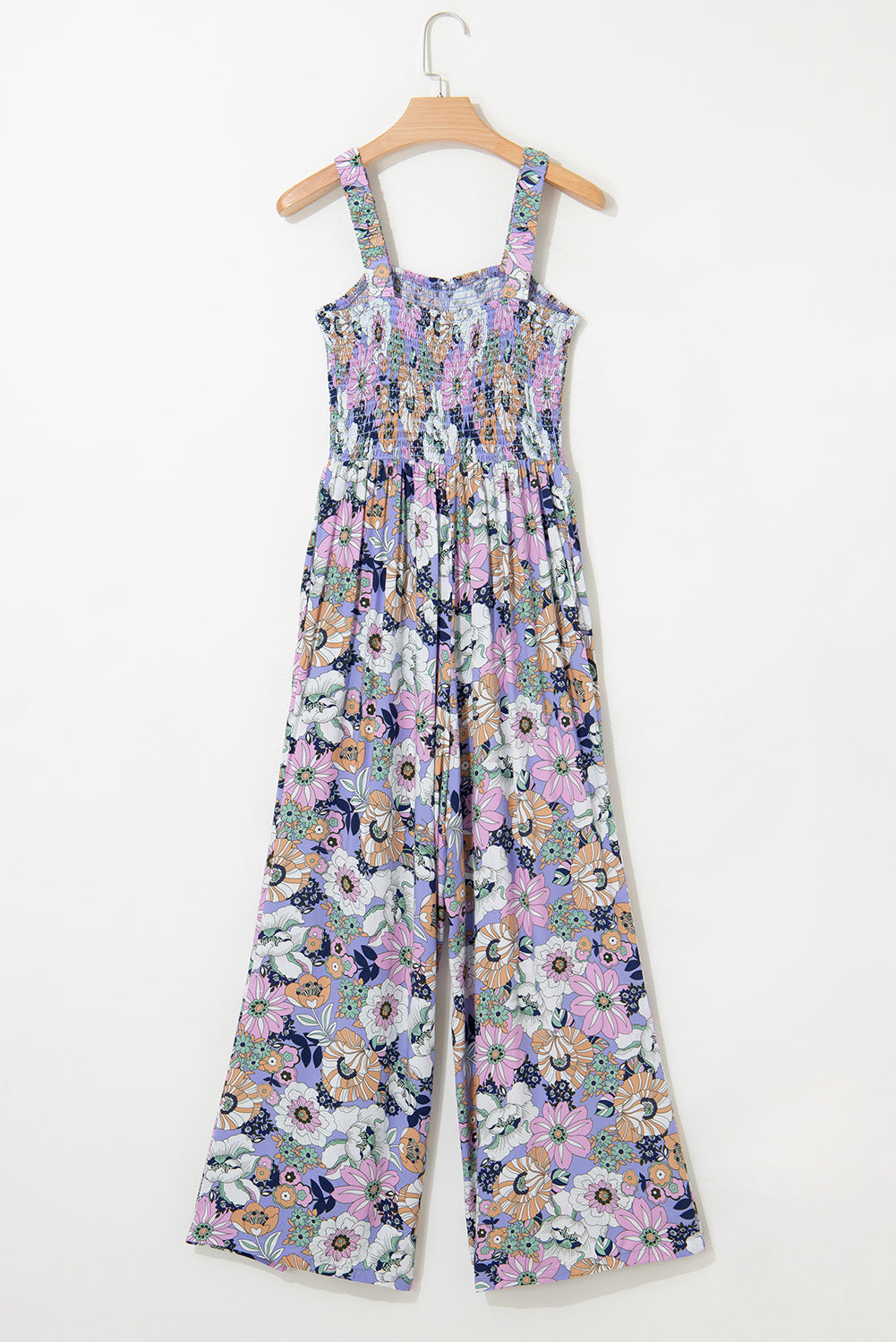 Purple Floral Print Smocked High Waist Square Neck Jumpsuit - Lulubelles Clothing and Accessories