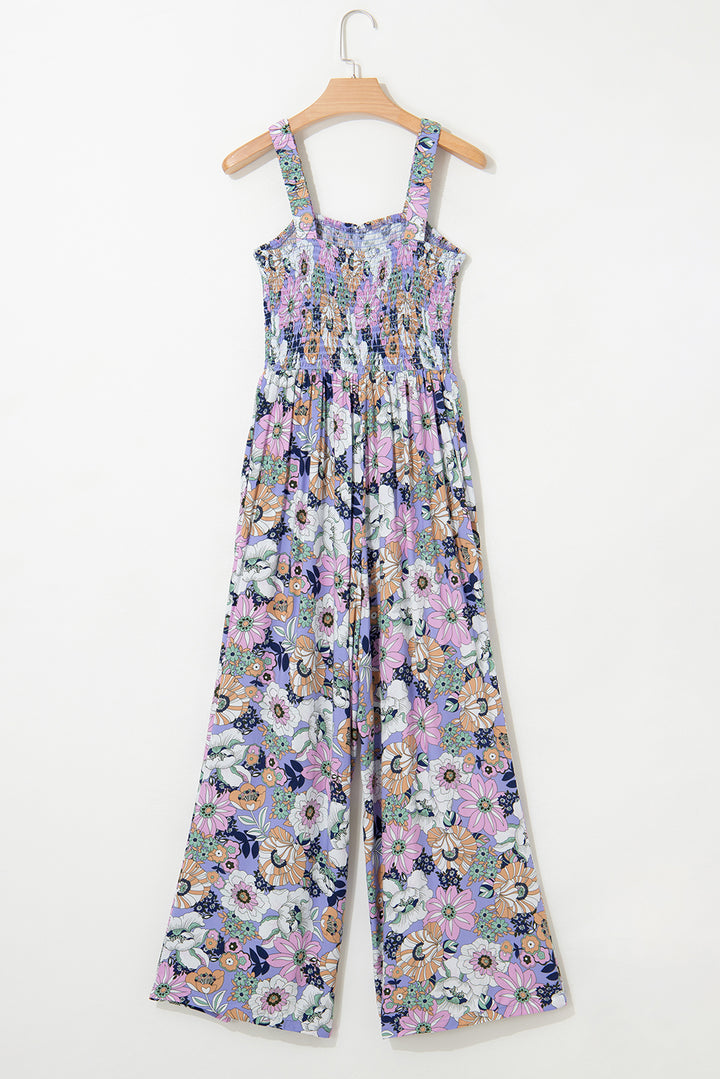 Purple Floral Print Smocked High Waist Square Neck Jumpsuit - Lulubelles Clothing and Accessories