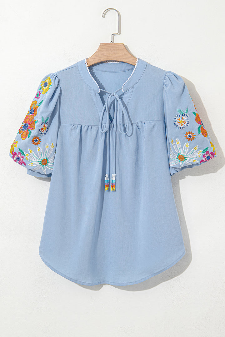 Clearly Aqua Floral Embroidered Puff Sleeve Split Neck Blouse