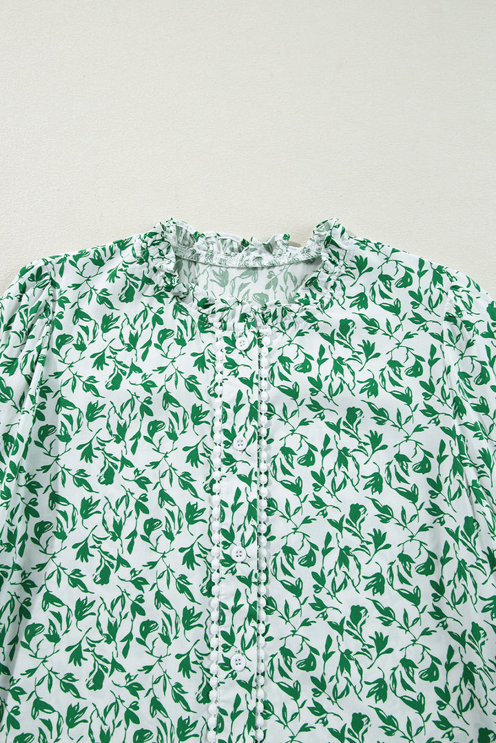 Green Printed Lace Detail Floral Puff Sleeve Fall Shirt