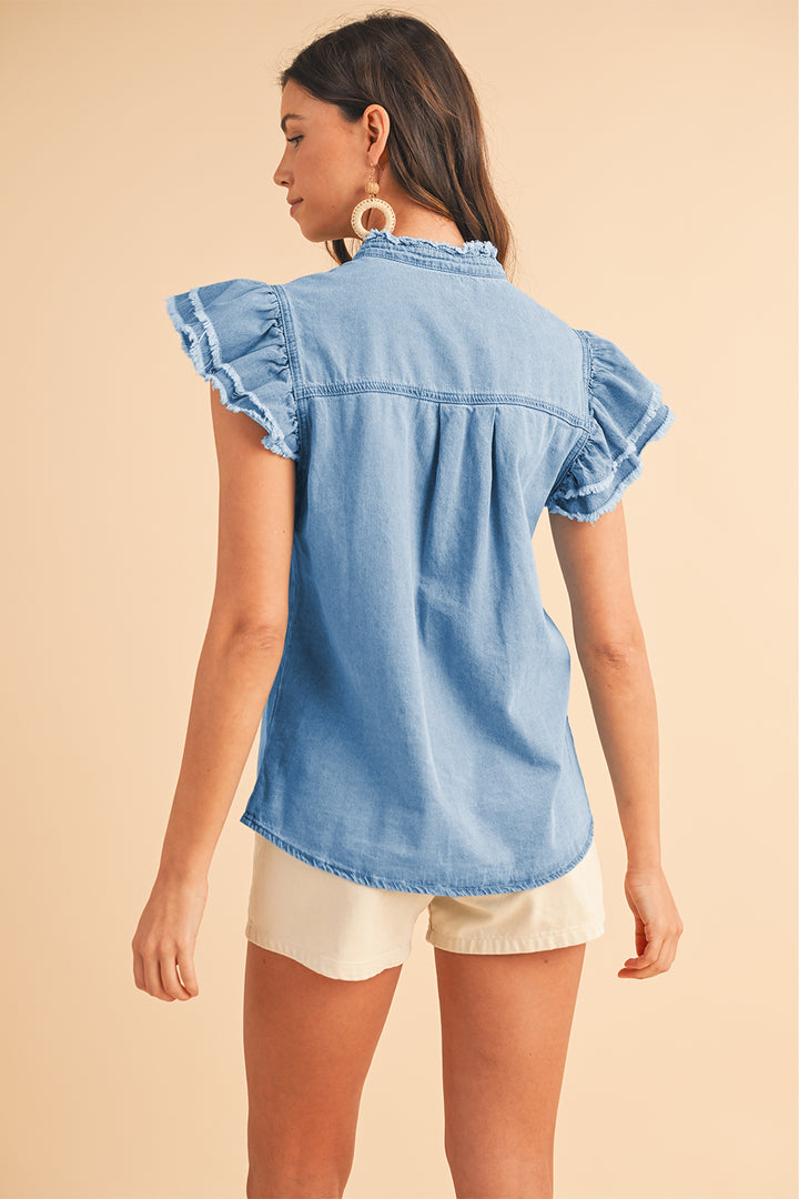 Beau Blue Button Front Ruffled Flutter Frayed Denim Top