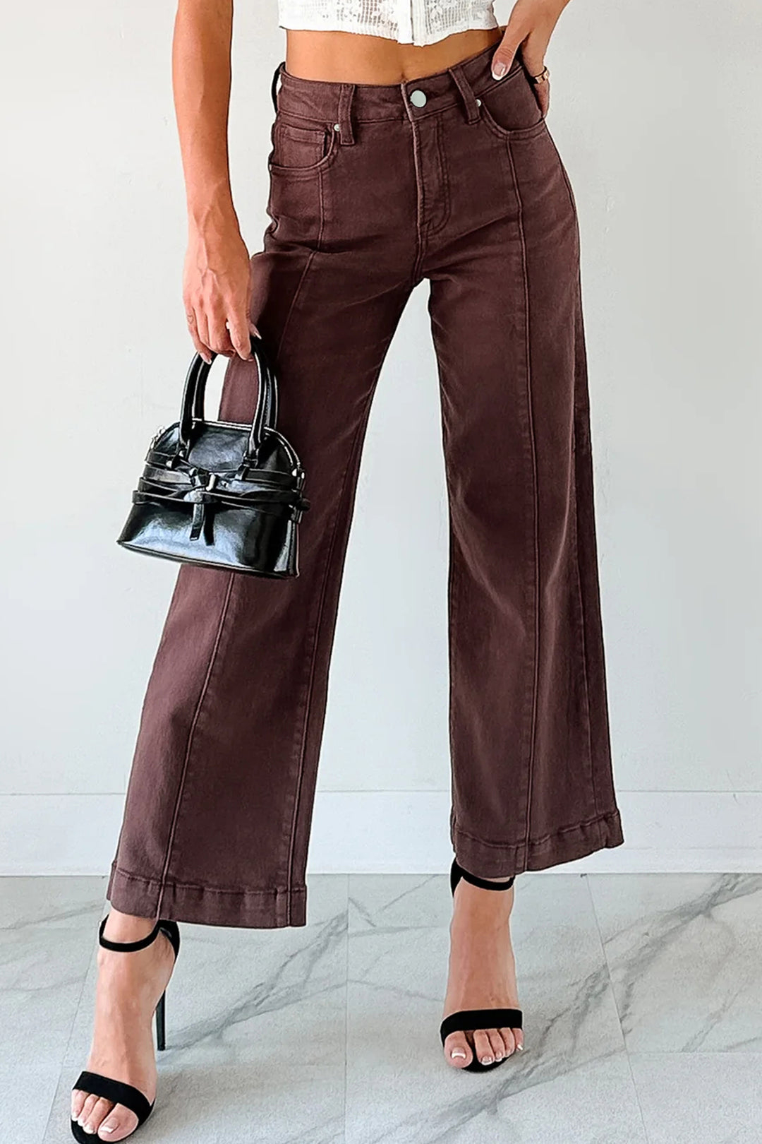 Red Sandalwood Solid Color Seamed Center Wide Leg Cropped Jeans - Lulubelles Clothing and Accessories
