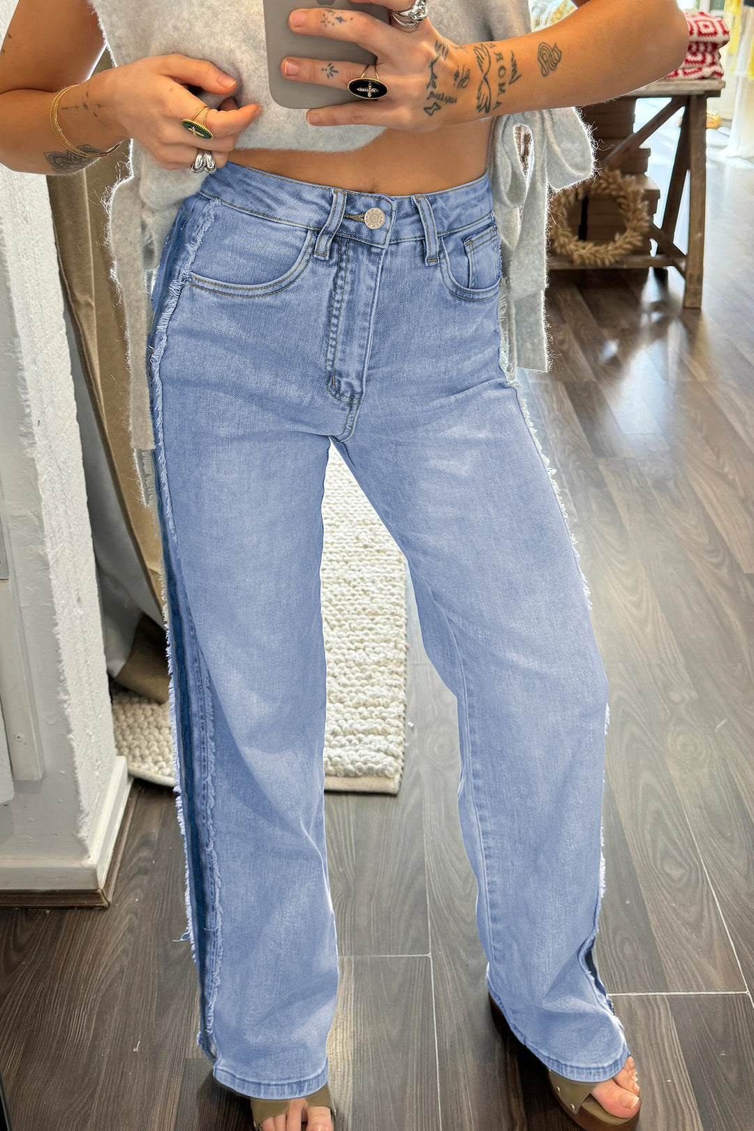 Beau Blue Contrast Stripe Frayed Side Panel Patchwork Shift Jeans - Lulubelles Clothing and Accessories