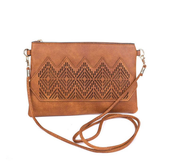 Caramel Boho Engraved horizontal clutch shoulder Bag with strap