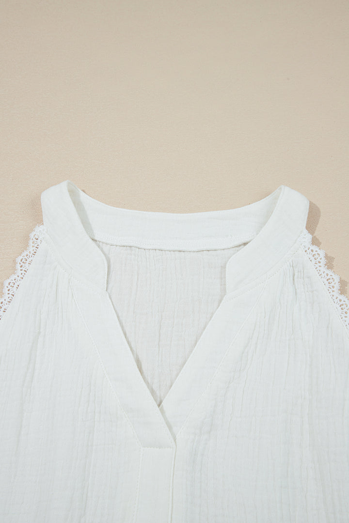 White Textured Lace Trim Pure Cotton Sleeveless Top