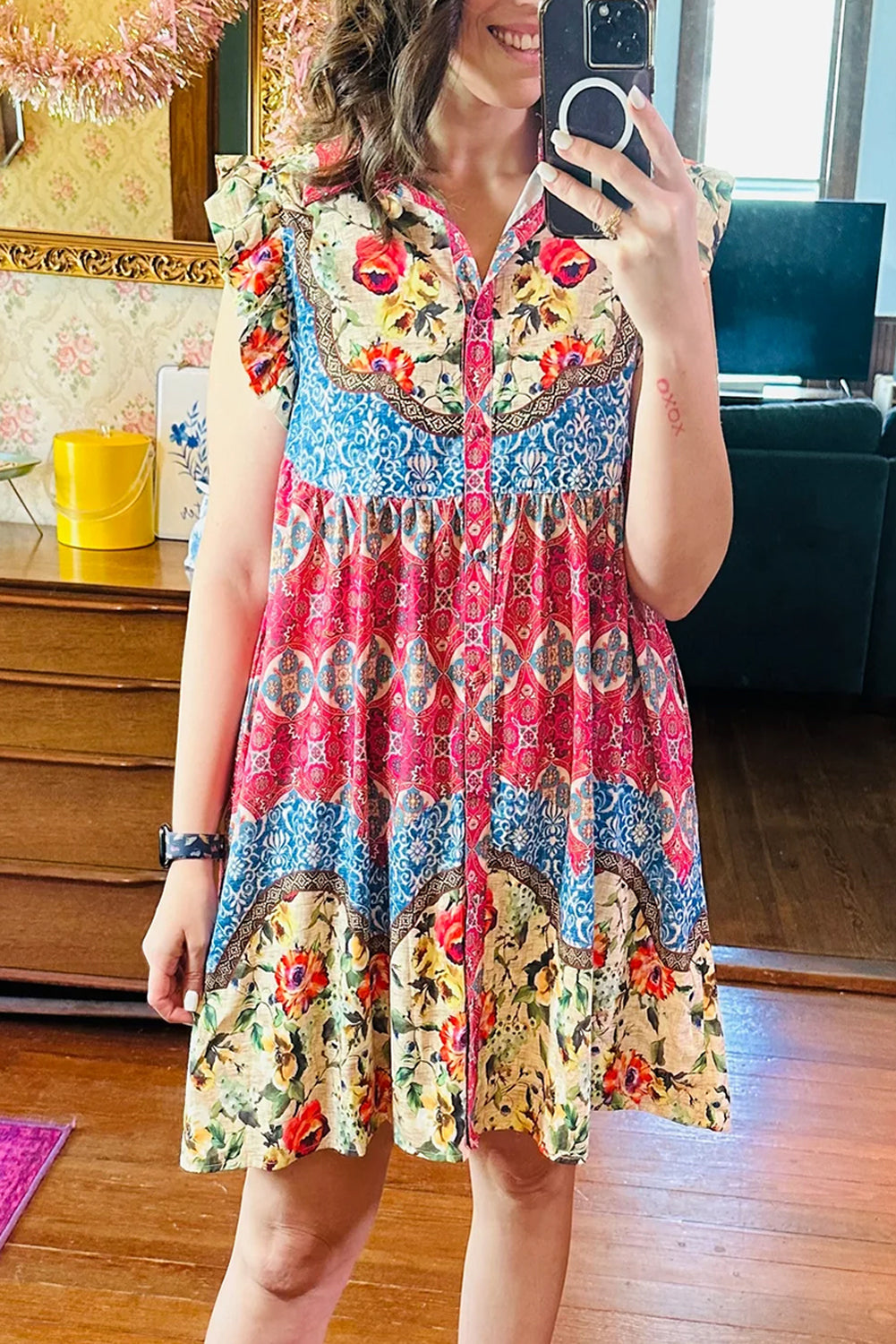 Rose Floral Mixed Pattern Ruffle Flutter Sleeve Buttoned Dress - Lulubelles Clothing and Accessories