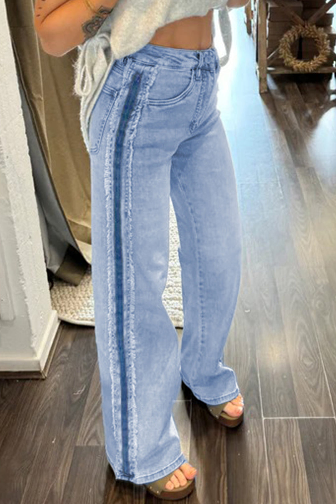 Beau Blue Contrast Stripe Frayed Side Panel Patchwork Shift Jeans - Lulubelles Clothing and Accessories