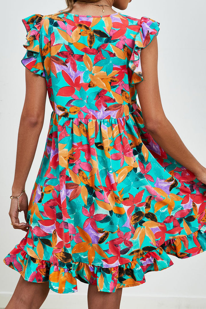 Green Leaf Print V Neck Fluttter Sleeveless Short Dress