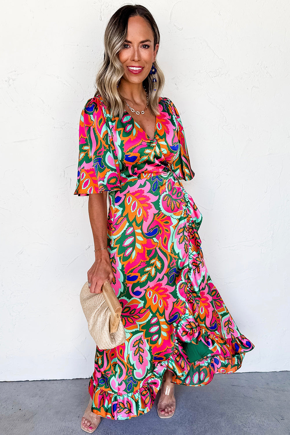 Rose Tropical Plant Print Surplice V Neck Ruffle Hem Maxi Dress